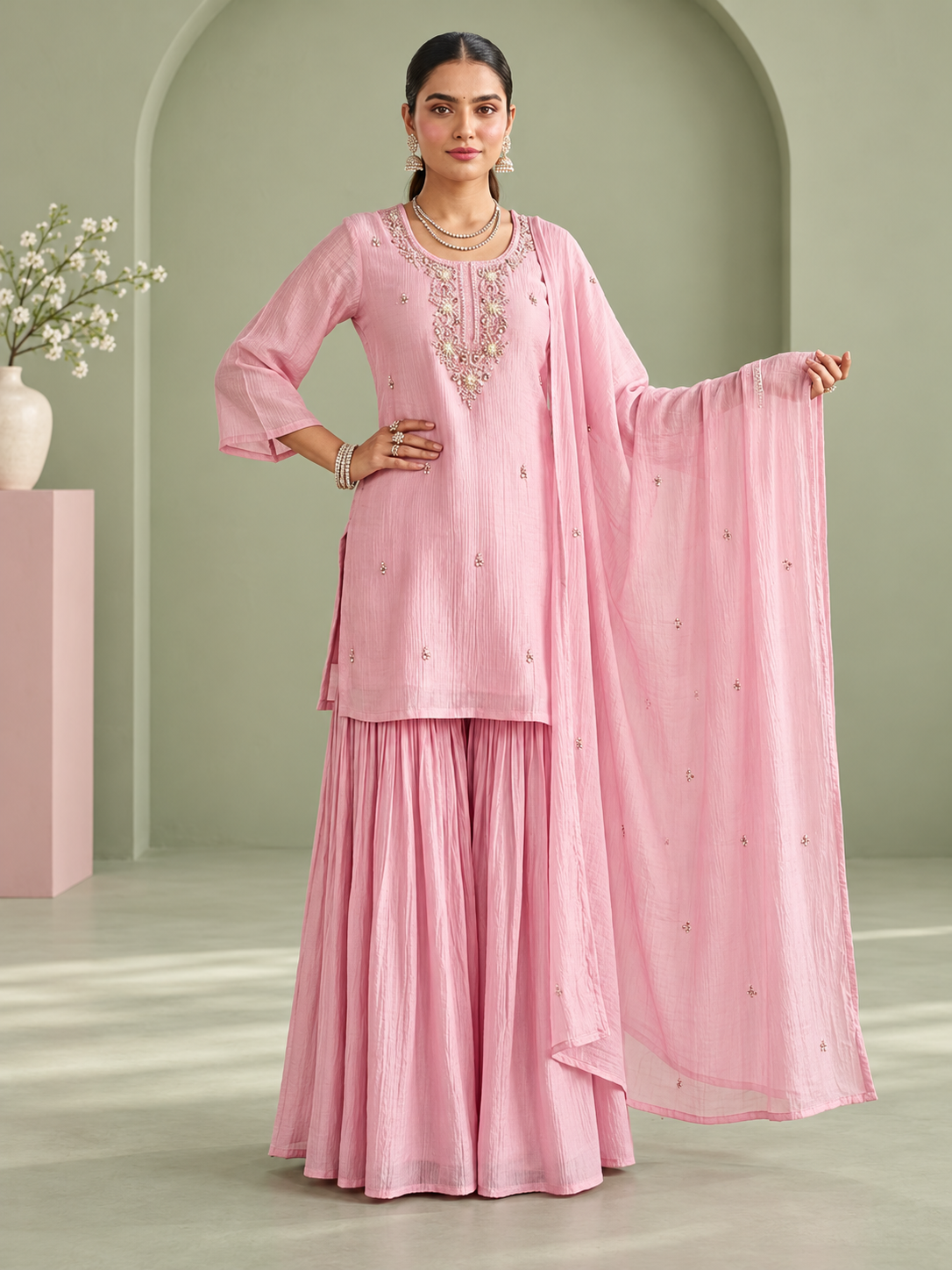 Gulaab Blush Pink Embroidered Sharara Set with Dupatta