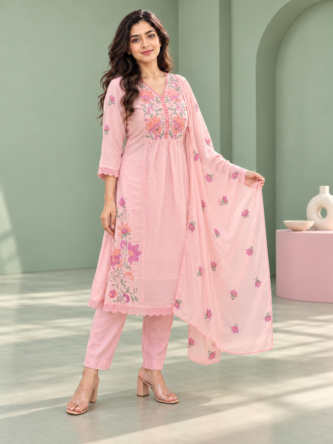 Gulbahar Baby Pink Floral Embroidered Kurta Set with Dupatta