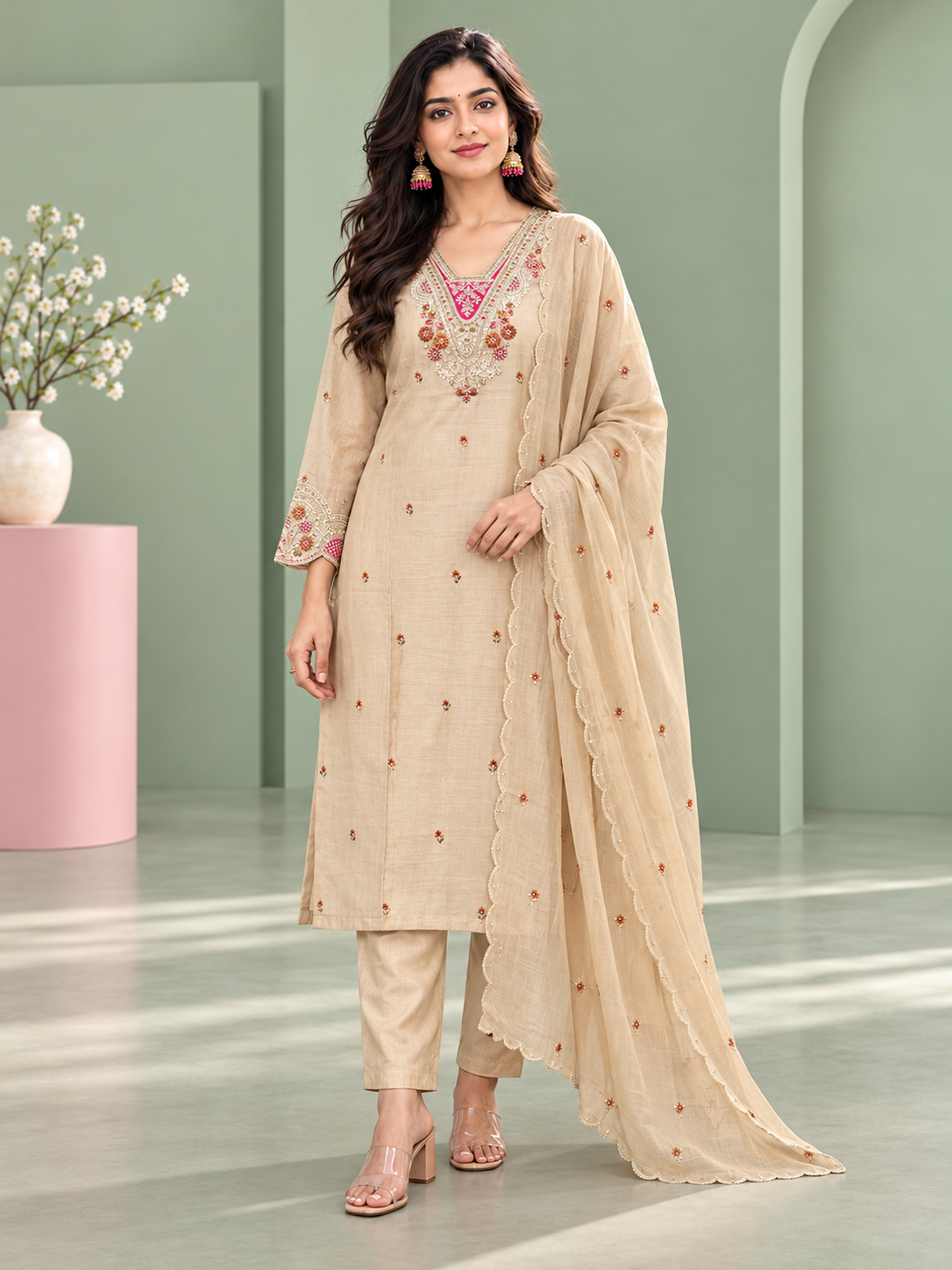 Mehr Beige Floral Embroidered Kurta Set with Dupatta