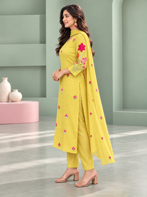 Basant Mustard Yellow Floral Embroidered Kurta Set with Dupatta