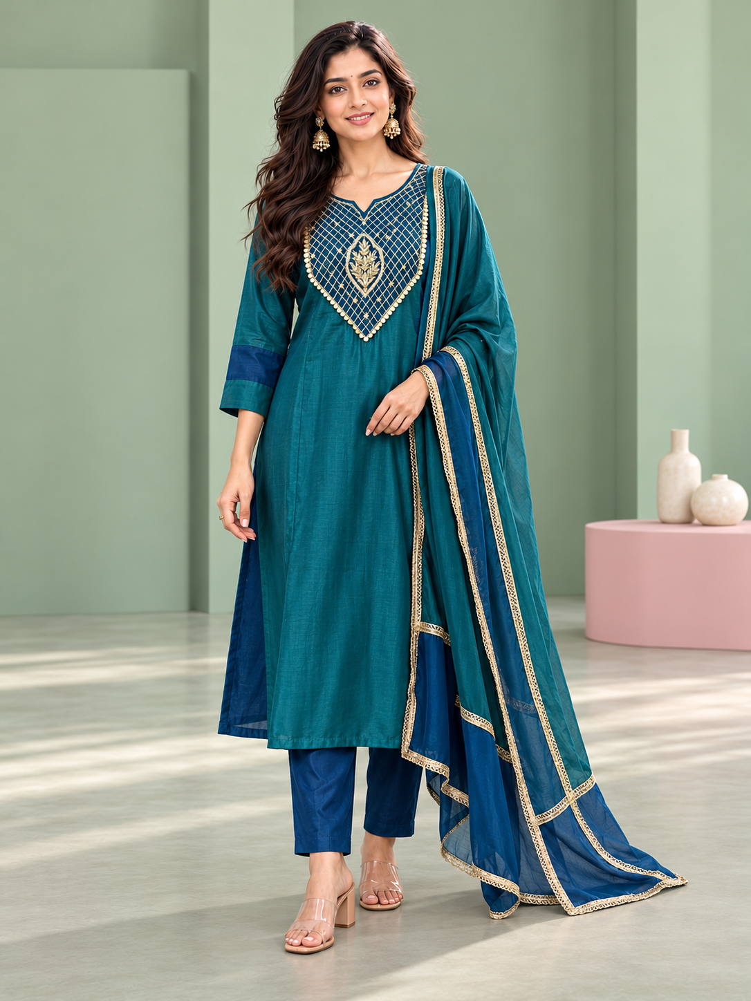 Mayuri Peacock Teal Embroidered Kurta Set with Dupatta