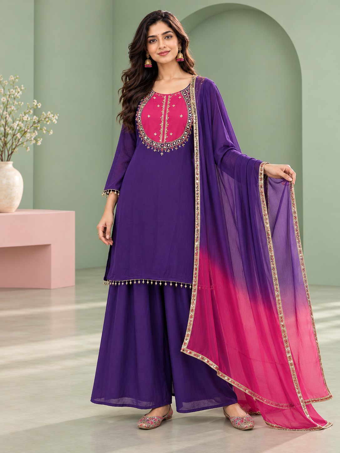 Jamuni Purple Embroidered Palazzo Set with Ombré Dupatta