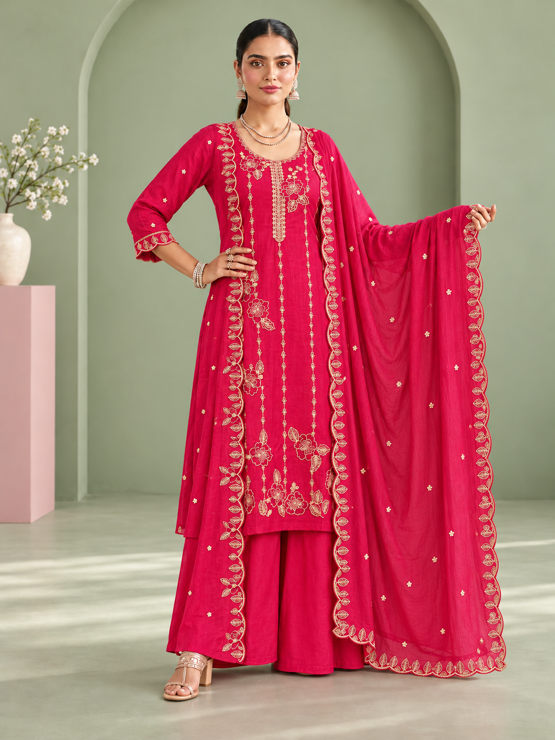 Gulnaar Fuchsia Floral Embroidered Palazzo Set with Dupatta