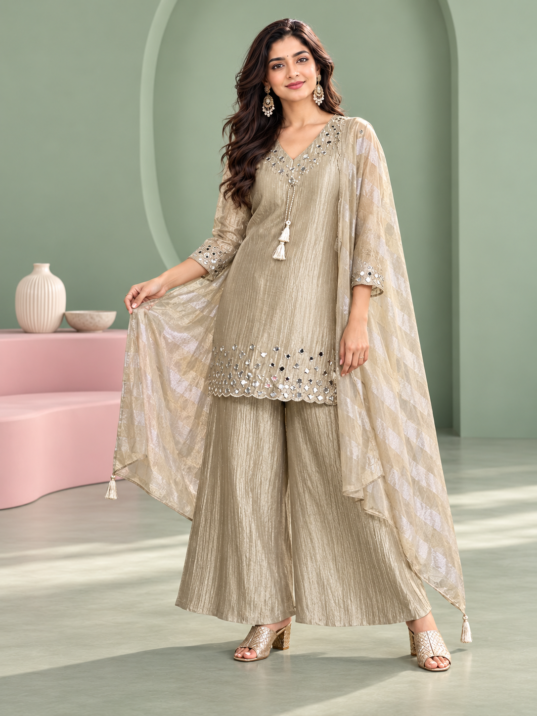 Chaandni Silver Mirror Work Palazzo Set with Dupatta