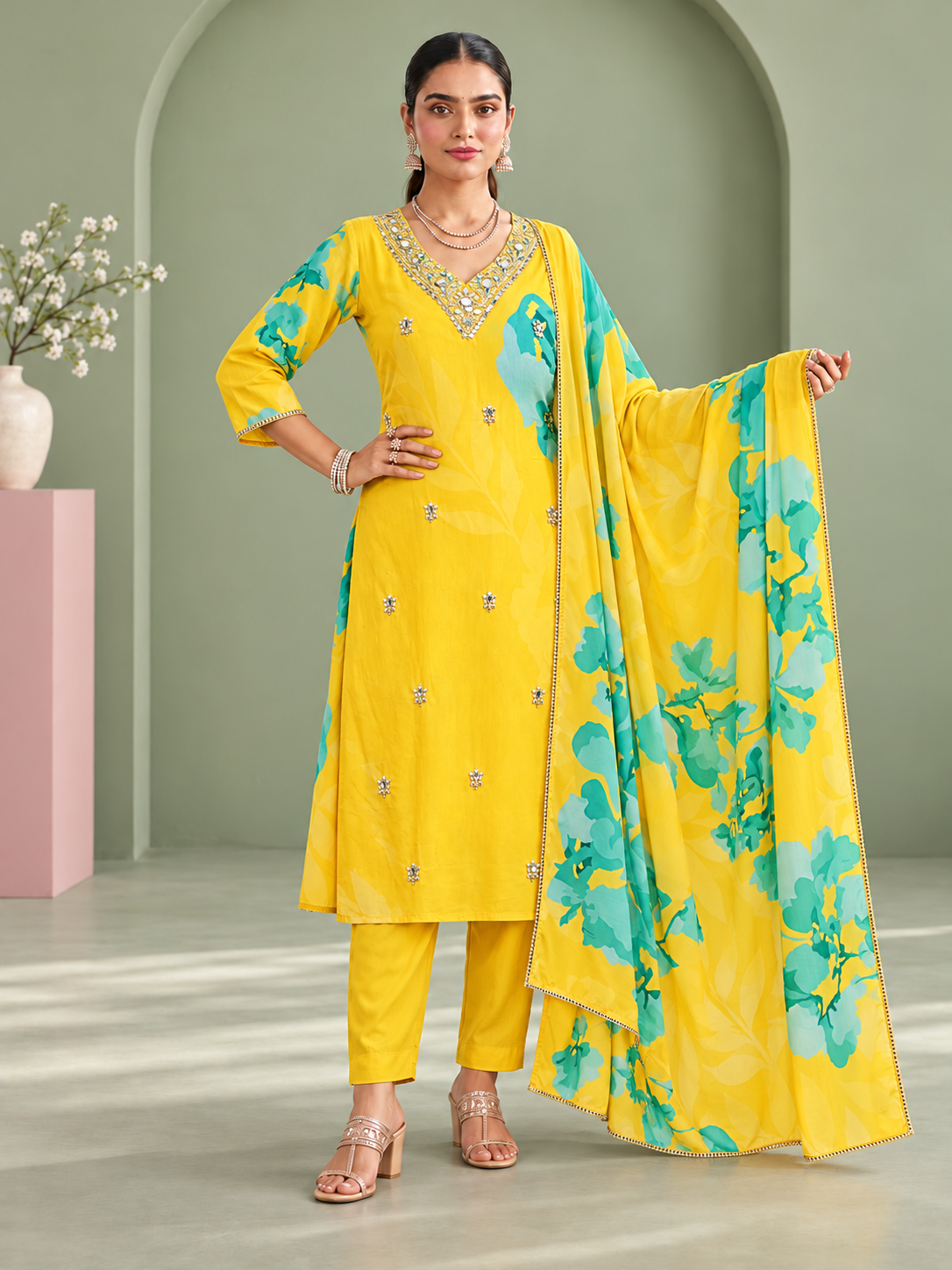 Amaltas Yellow Floral Kurta Set with Dupatta
