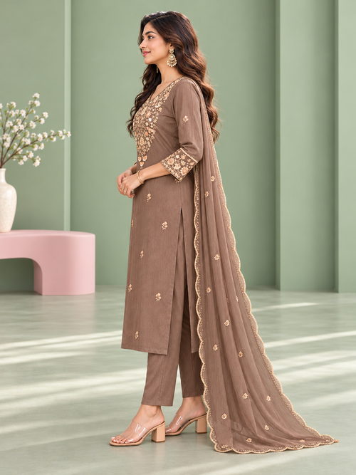 Aafreen Taupe Floral Embroidered Kurta Set with Dupatta