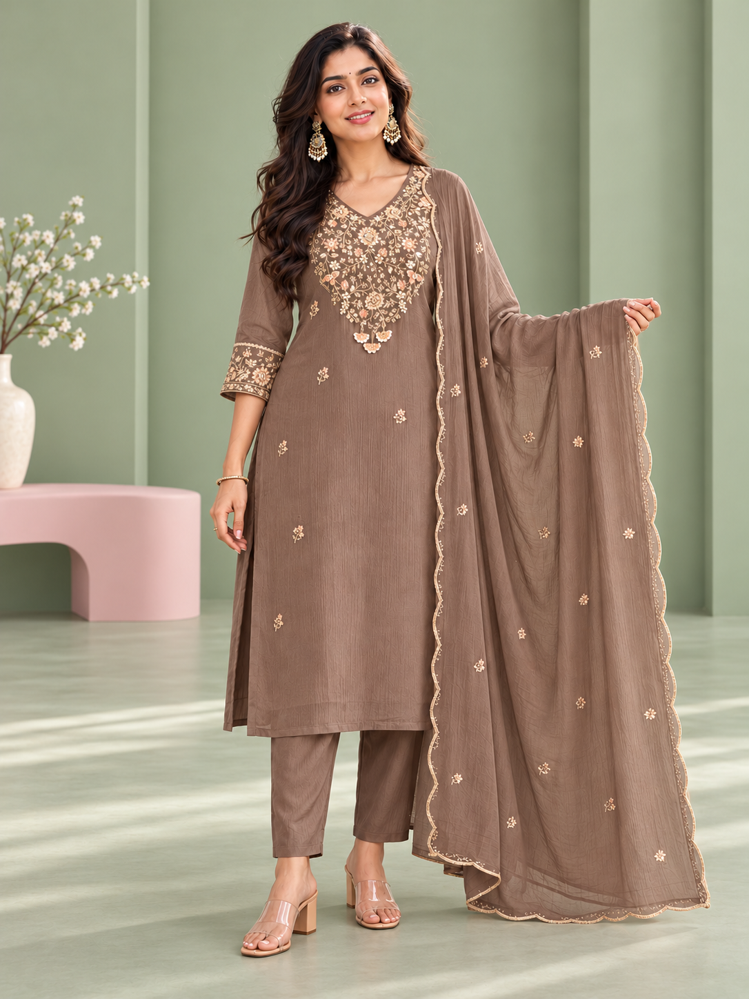 Aafreen Taupe Floral Embroidered Kurta Set with Dupatta